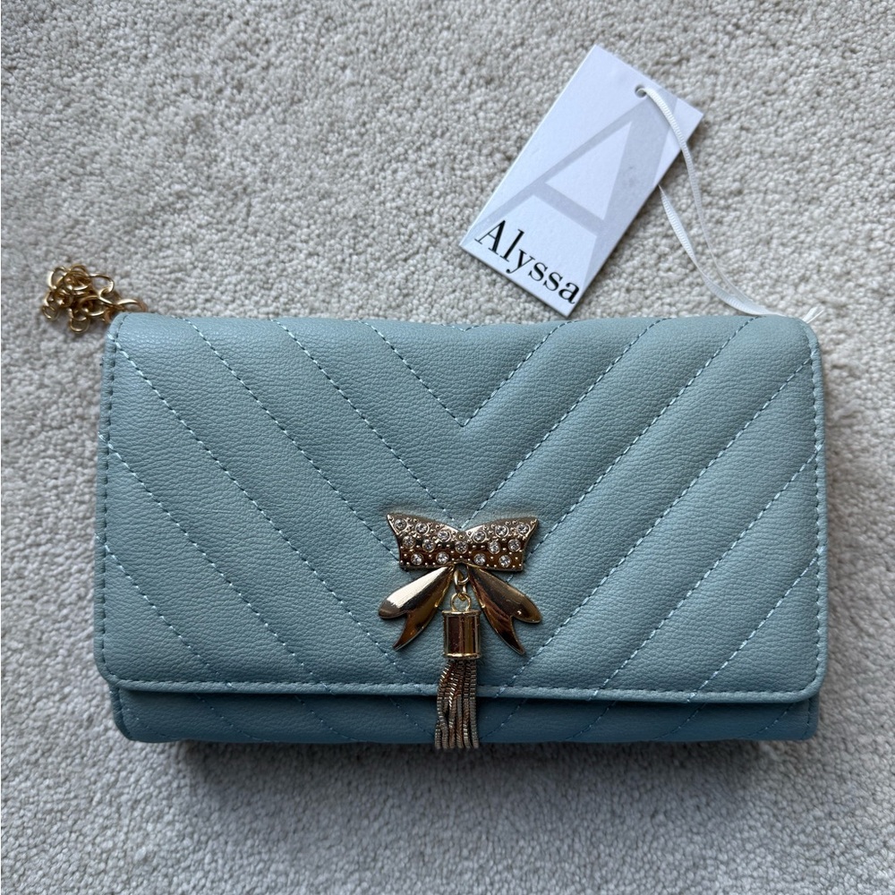 Alyssa Blue Quilted Clutch with Gold Accents